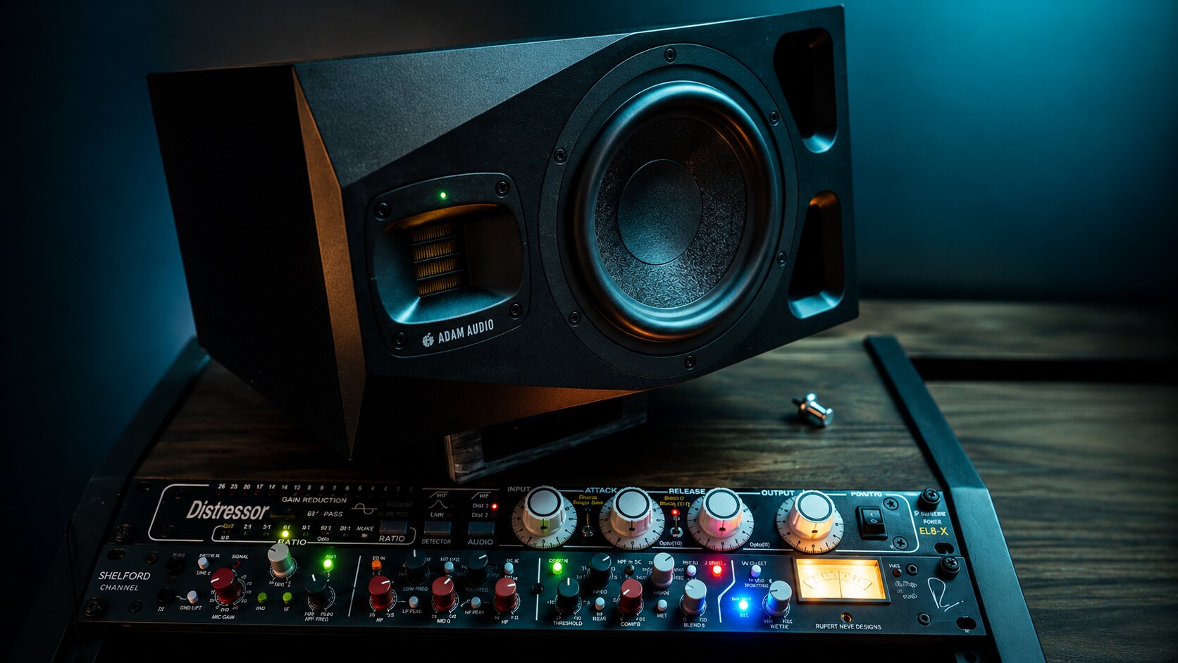 ADAM Audio studio monitor atop a rack of Distressor and Rupert Neve Shelford Channel outboard gear